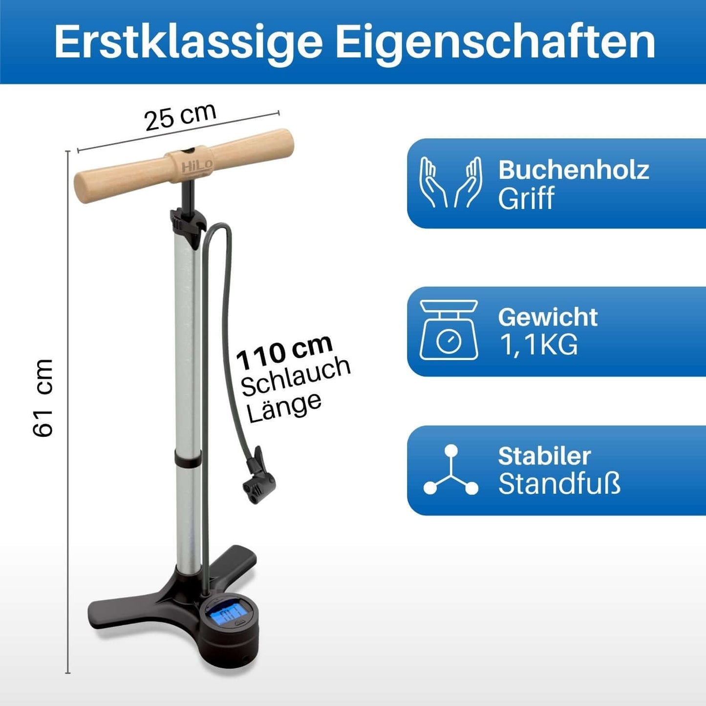 Die digitale Fahrradpumpe besteht aus Edelstahl Material.