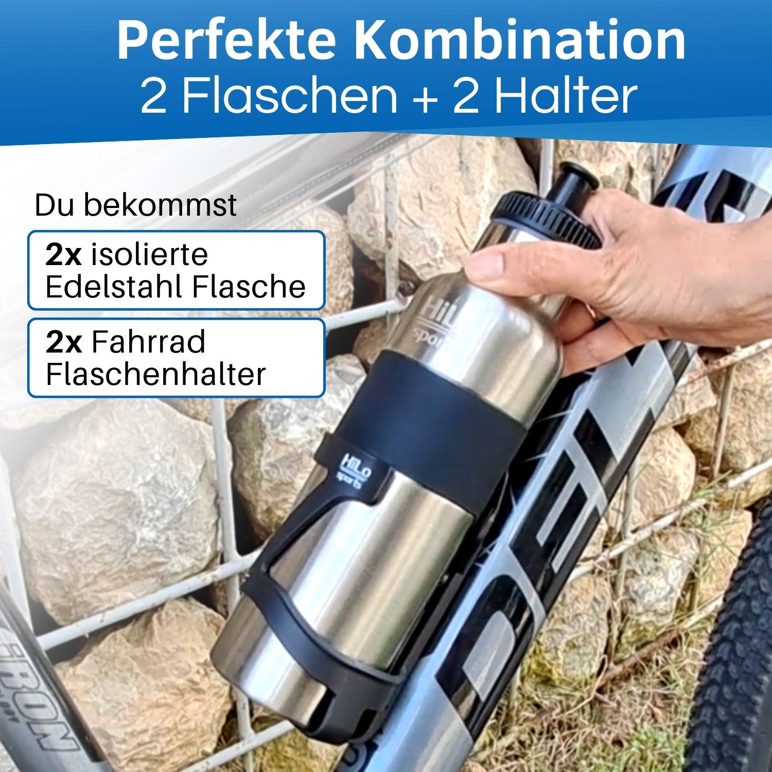 im Set sind 2x 600ml isolierte Fahrrad Trinkflasche Edelstahl und 2 Flaschenhalter enthalten