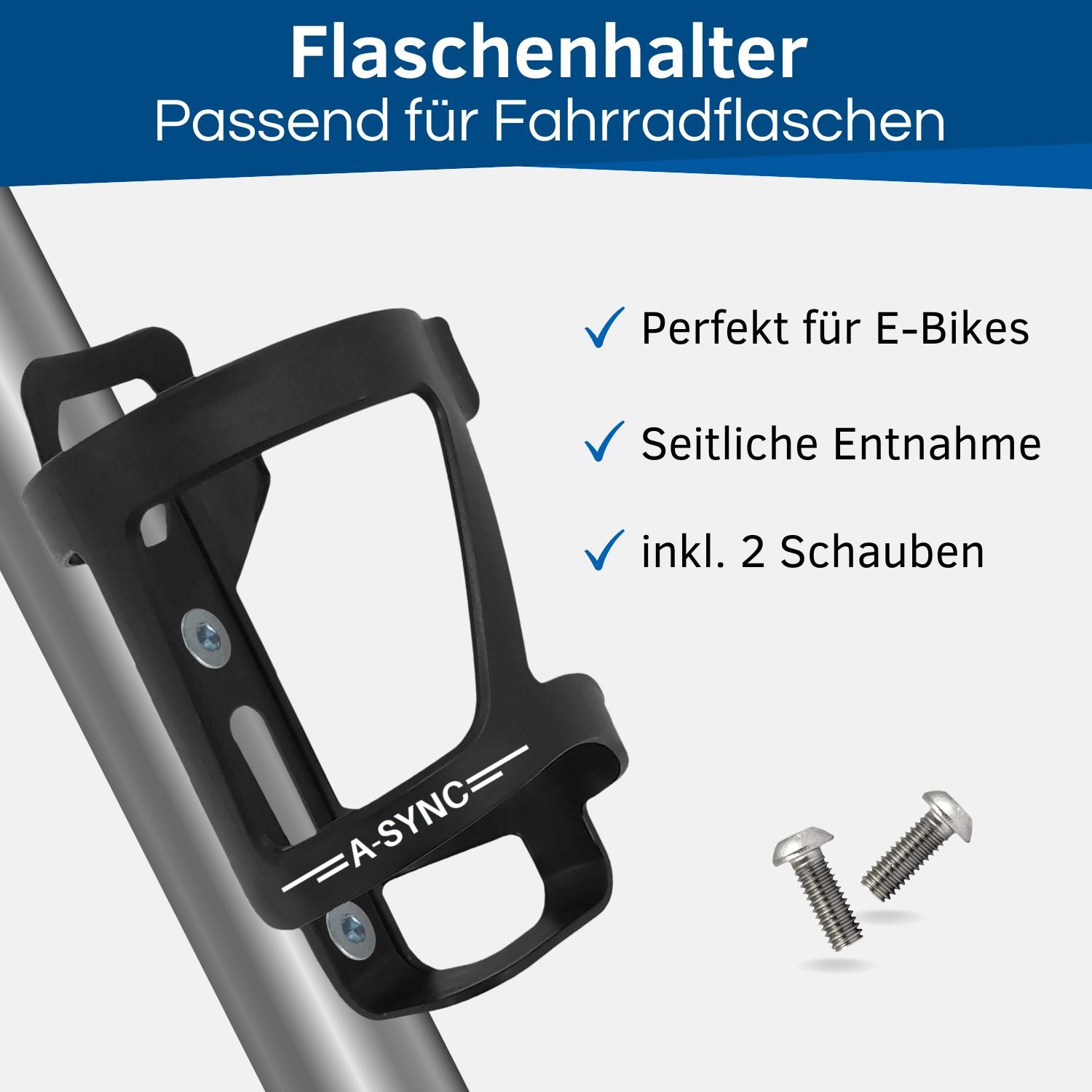 Fahrrad Flaschenhalter zur seitlichen Entnahme.