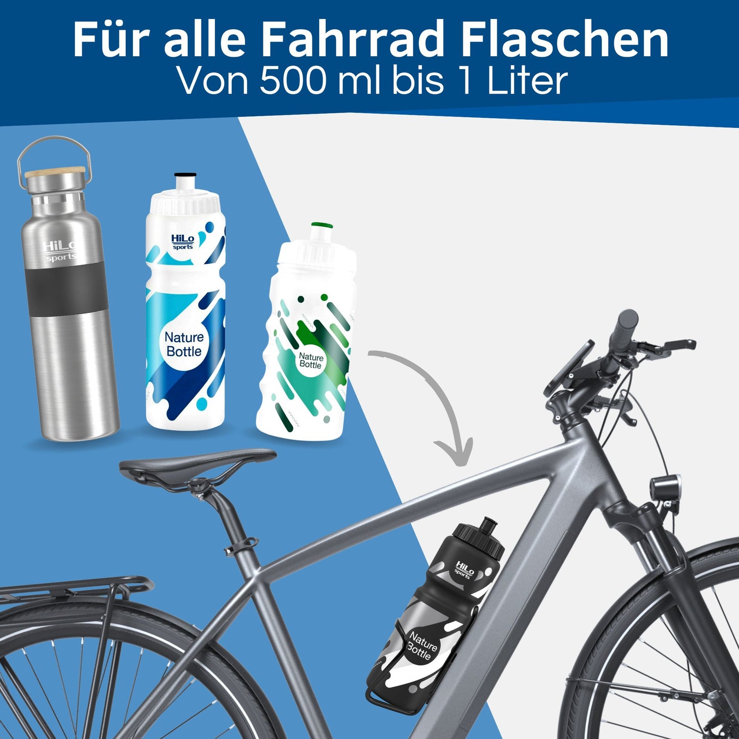 In die Rad Flaschenhalter passen alle standardisierten Fahrrad Trinkflaschen von 0,5 bis 1 Liter Volumen.