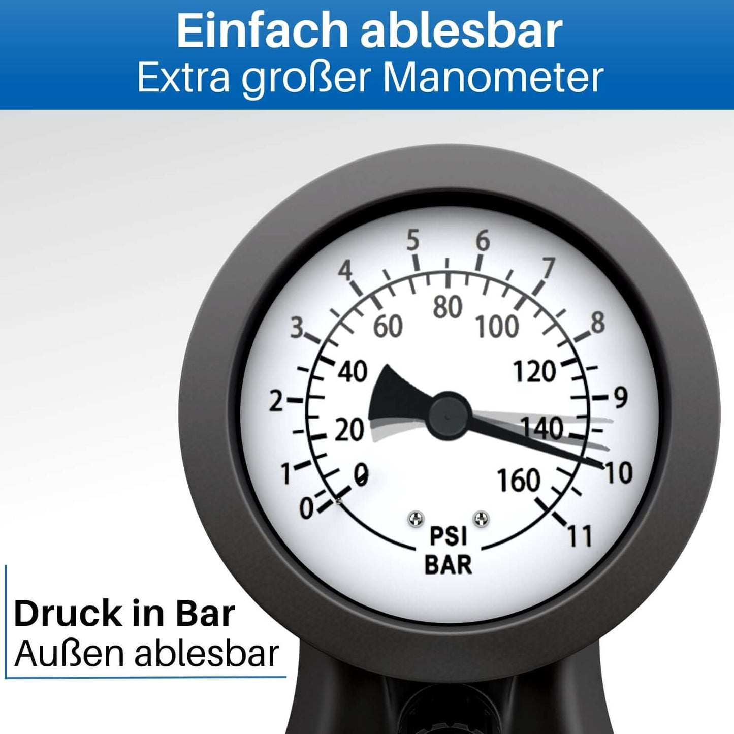 Standpumpe mit Manometer bis 11 Bar.