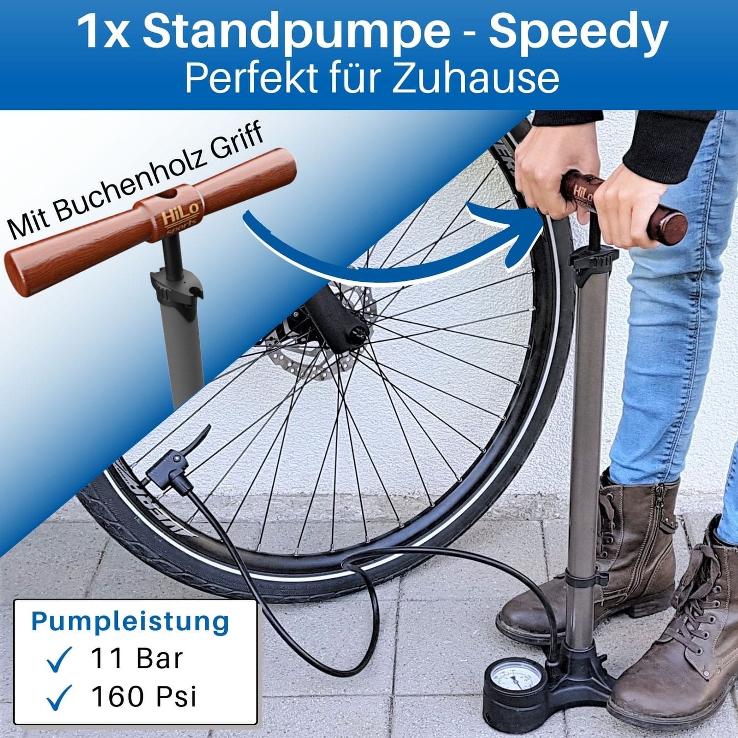 Fahrrad Standpumpe aus Stahl mit Holzgriff