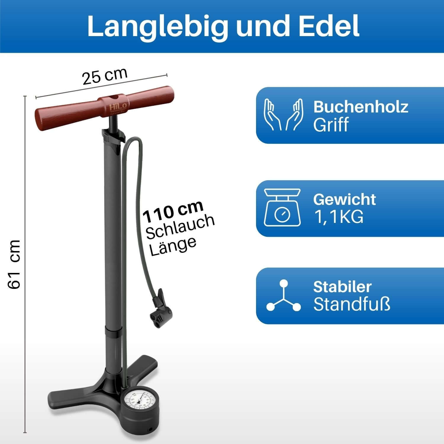 Die Standpumpe Fahrrad von HiLo sports besteht aus langlebigen, hochwertigen Materialien. Die Fahrradpumpe hat einen Griff aus Holz und einen Druckzylinder aus Stahl.