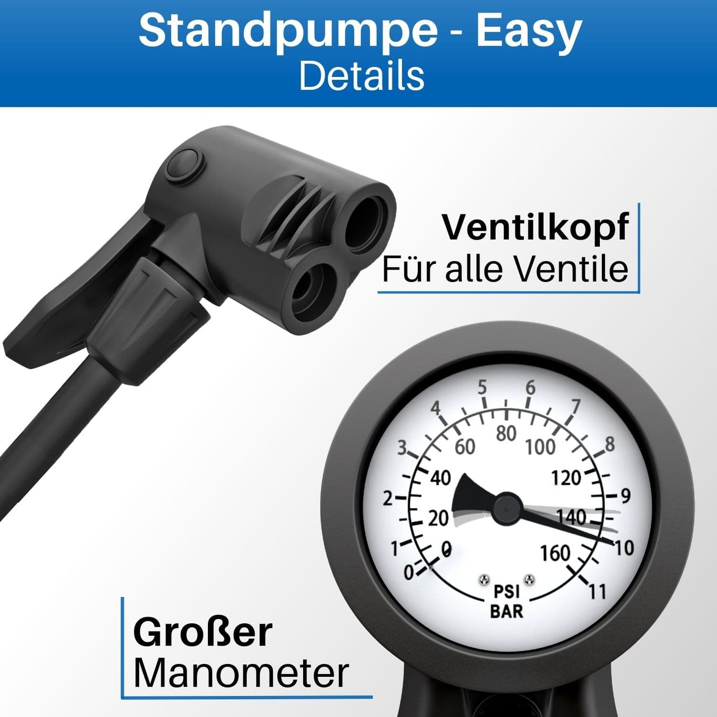 Fahrrad Luftpumpe mit Manometer und Dual Ventilkopf