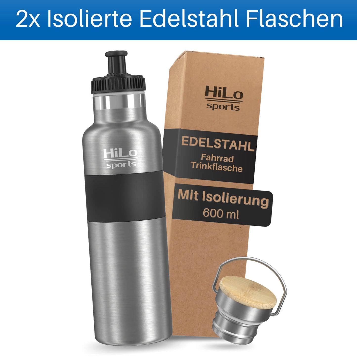 Isolierte Fahrrad Trinkflasche aus Edelstahl im Set mit Flaschehalter