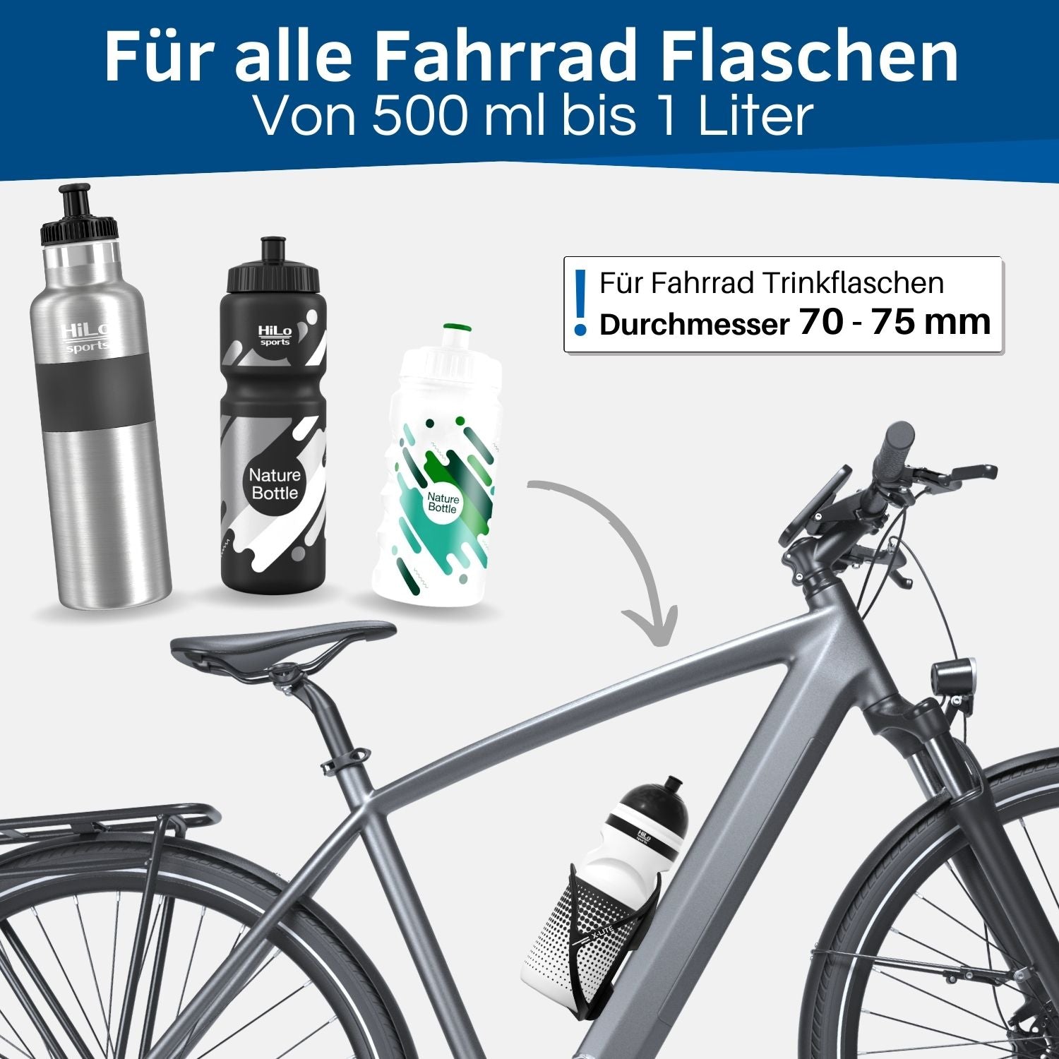 Jede Fahrrad Trinkflasche passt in den Fahrrad Flaschenhalter.