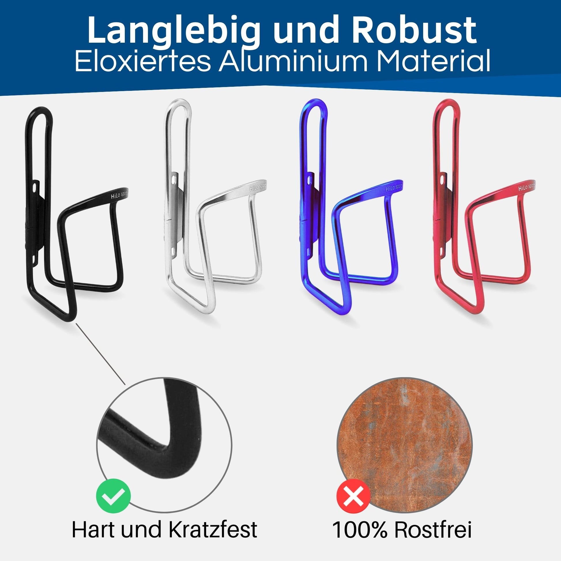 Die Rad Trinkflaschenhalter sind aus robustem eloxiertem Aluminium hergestellt. Daher Rost und Kratzer frei.