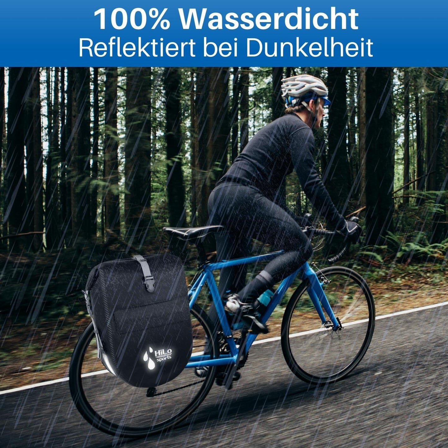 Die wasserdichten Fahrradtaschen reflektieren im Dunkeln.