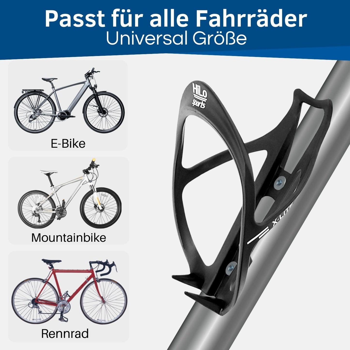 Die Flaschenhalterung passt auf jeden Fahrradtyp: E-Bike, MTB und Rennrad.