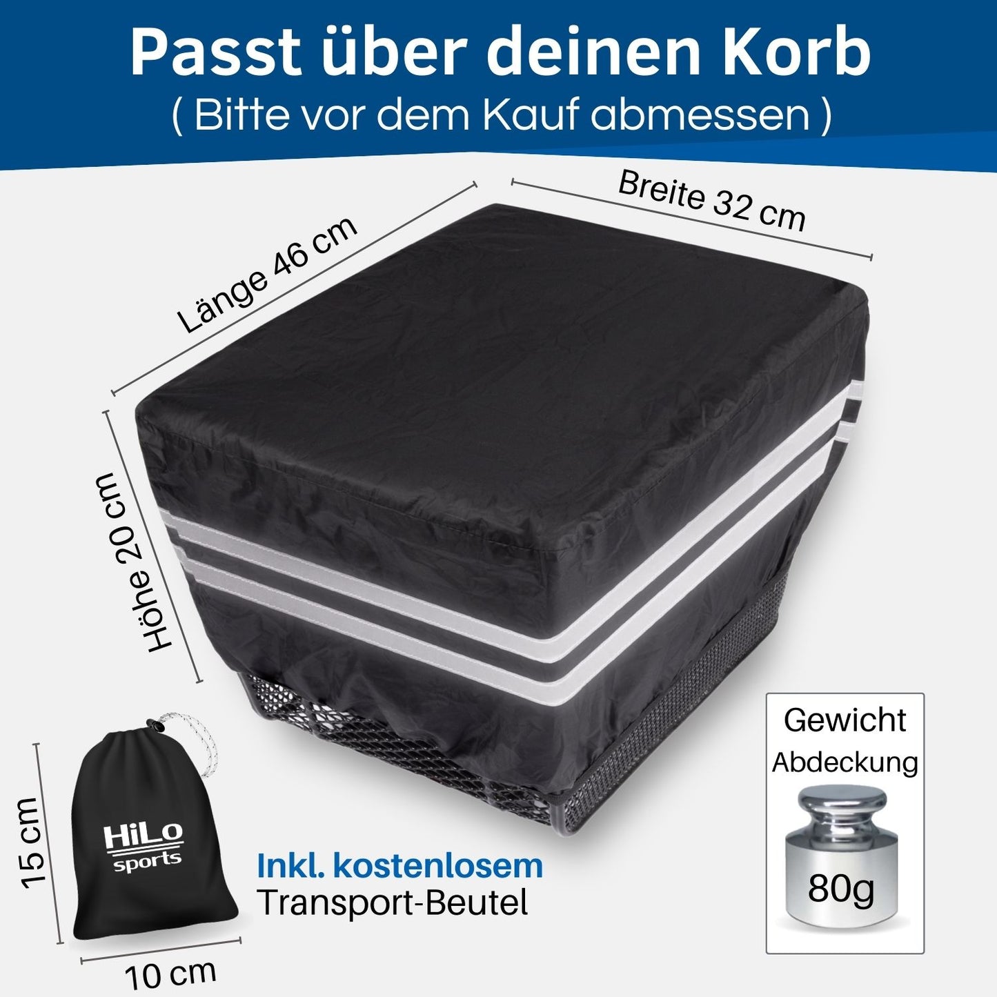 HiLo sports Fahrradkorb Abdeckung mit den Abmessungen von 46 mal 32 mal 20 cm in Länge, Breite und Höhe.