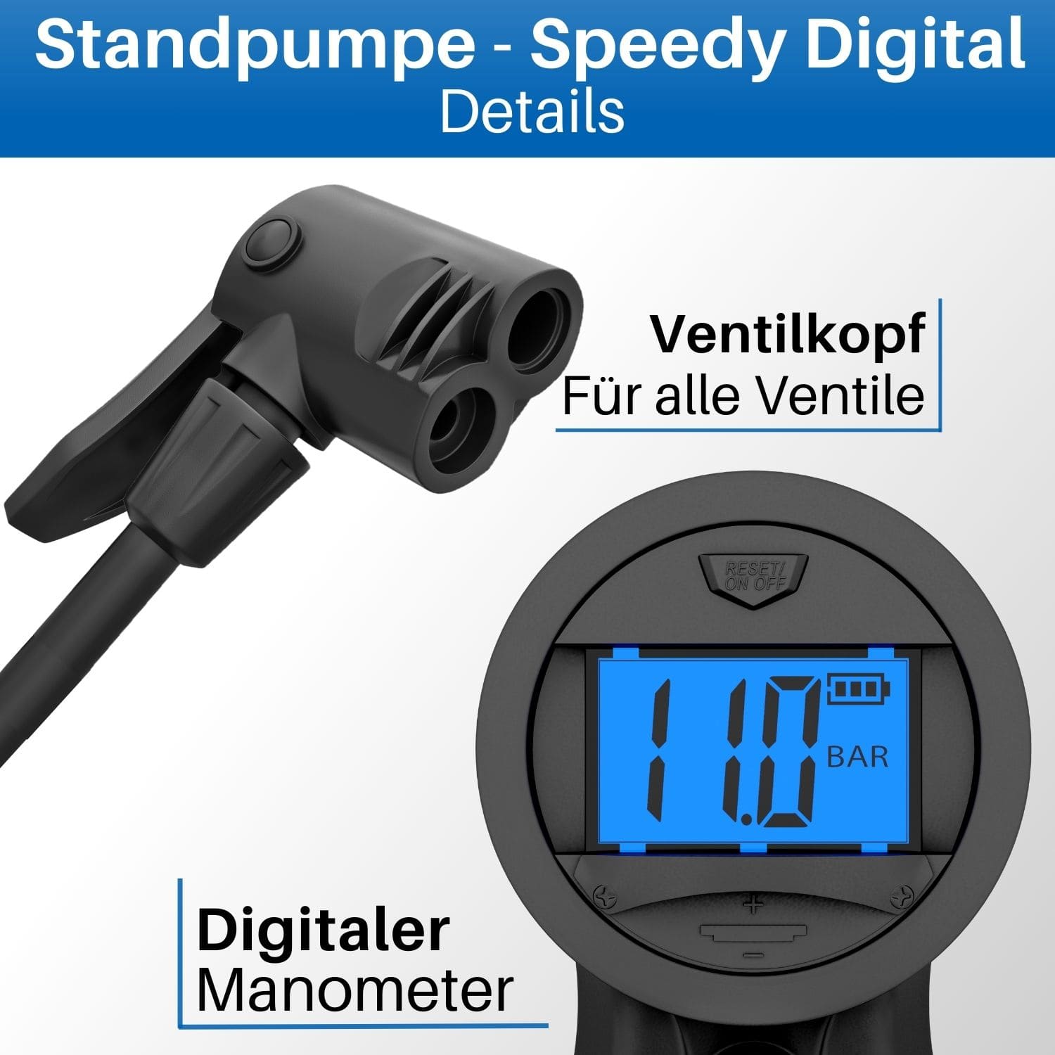 Durch den Doppelkopf passt die digitale Standluftpumpe für alle Fahrradventile. Mit der großen Digitalanzeige siehst du den exakten Reifendruck.