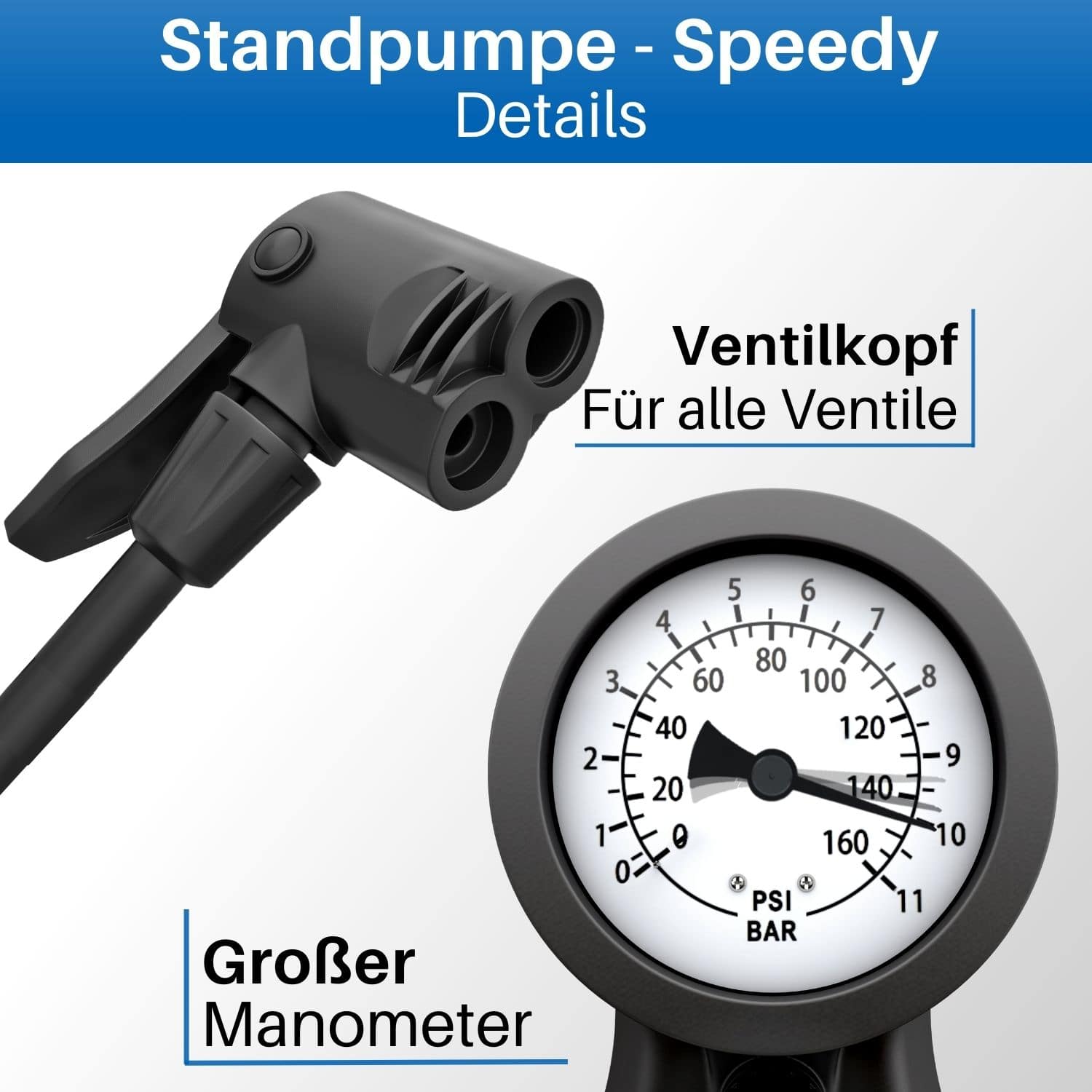 Fahrrad Luftpumpe mit Manometer bis 11bar