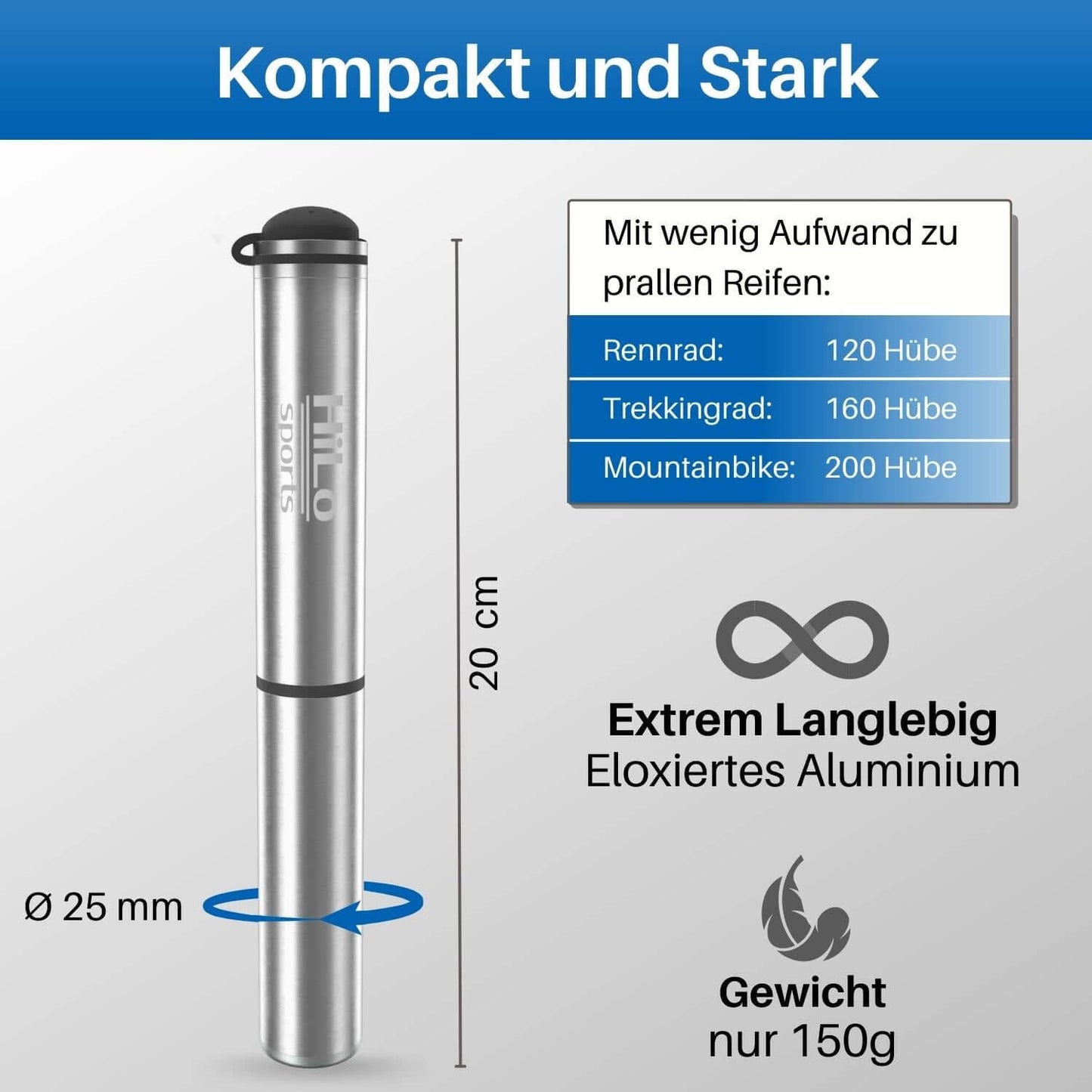 Die Minipumpe ist mit 20cm sehr kompakt und mit 150g relativ leicht.