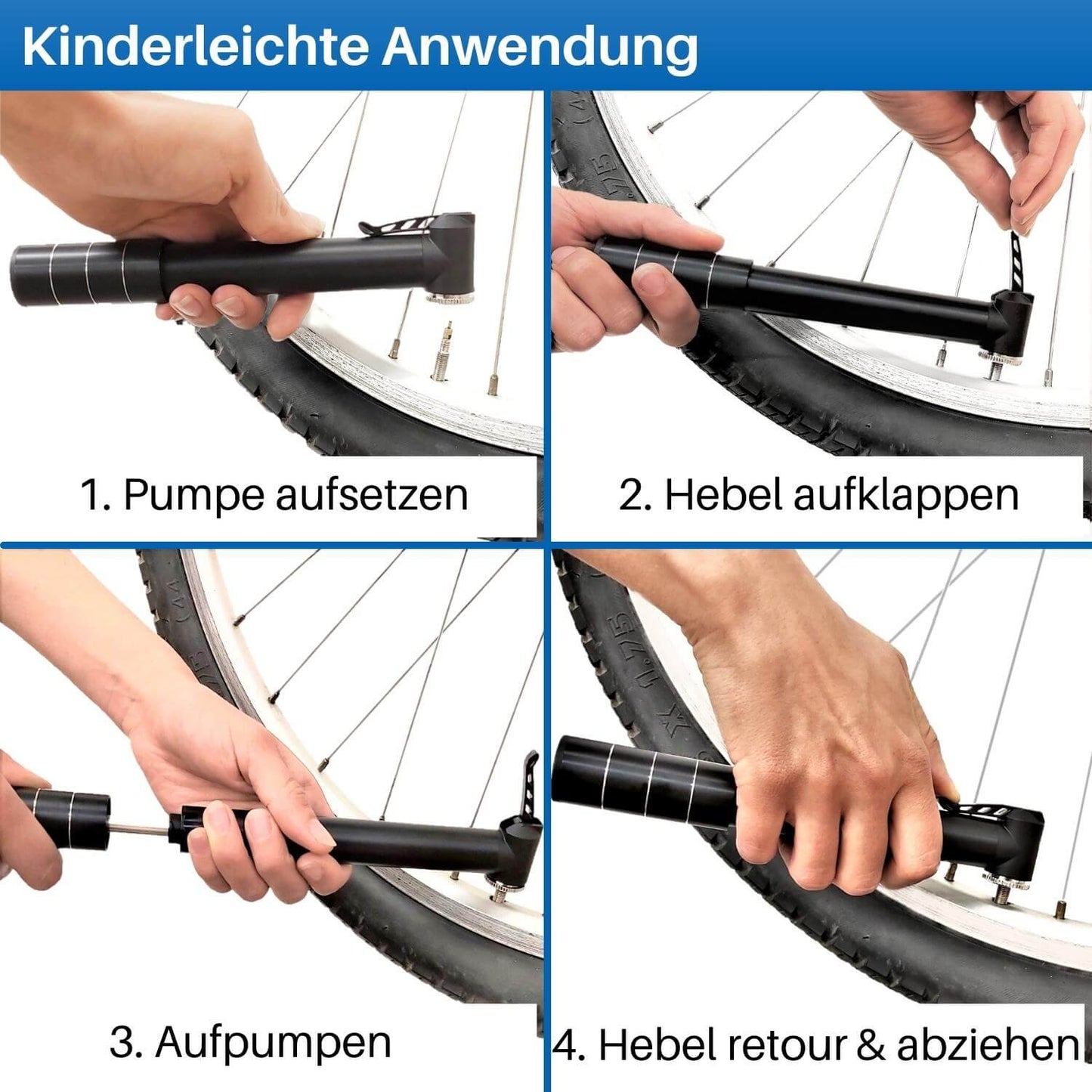 Die Hand Luftpumpe ist einfach in der Handhabung. In 4 Schritten kann ein Reifen aufgepumpt werden.