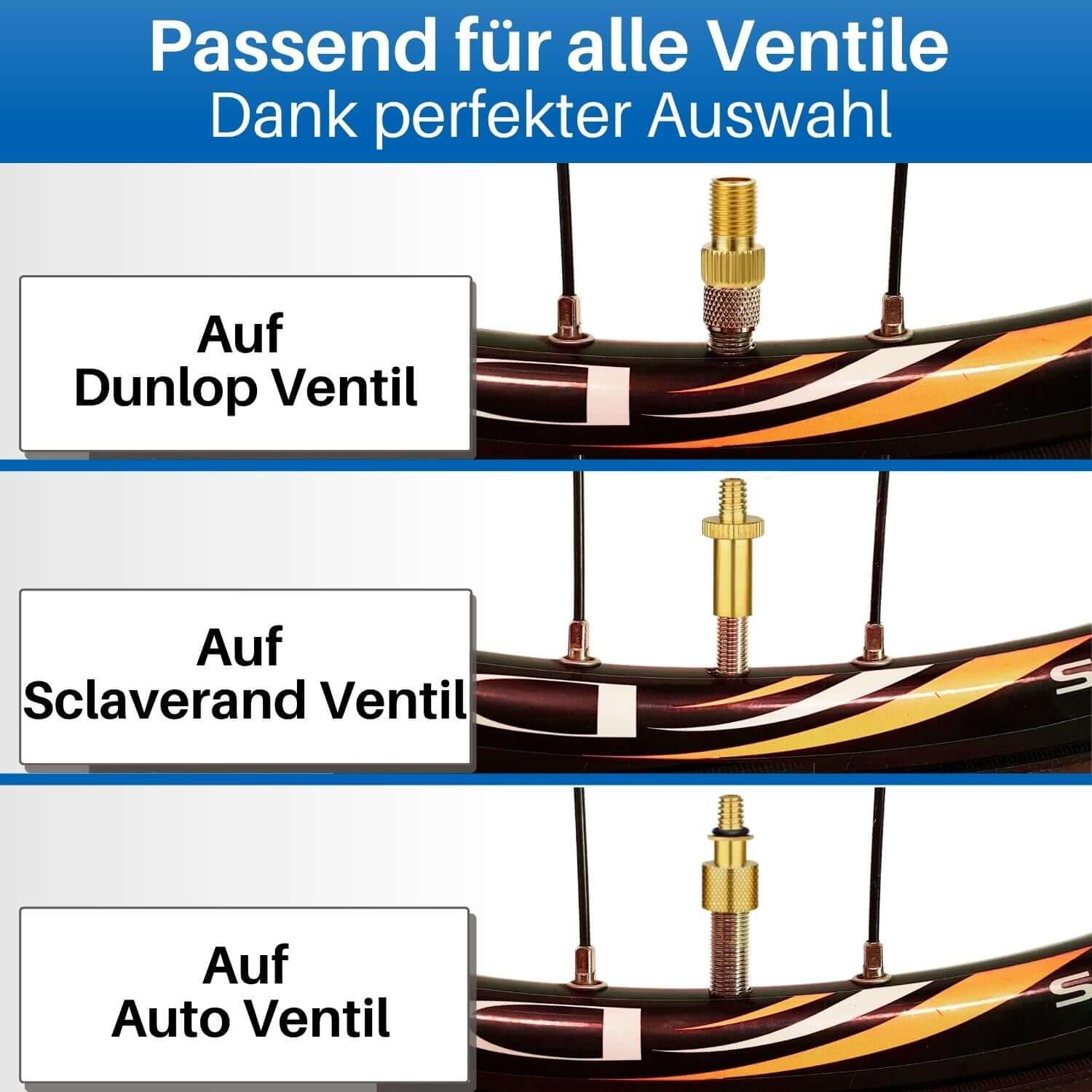 Die Ventil Adapter passen auf alle Fahrradventile.