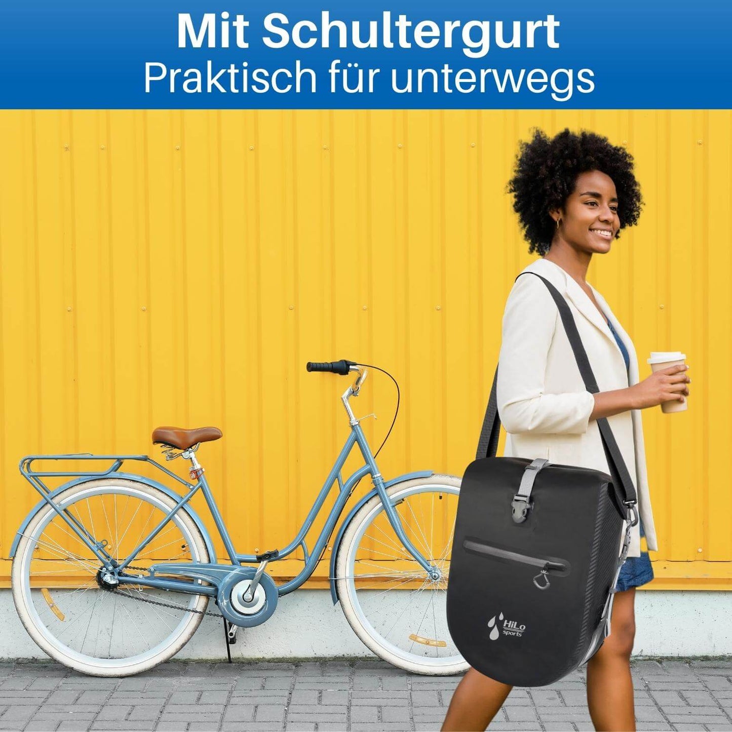 Die Fahrrad Hinterradtasche kannst du mit einem Schultergurt umhängen.