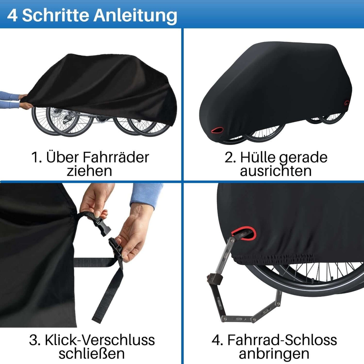 Die XL Fahrradschutzhülle kann einfach über 2 Fahrrädern befestigt werden.