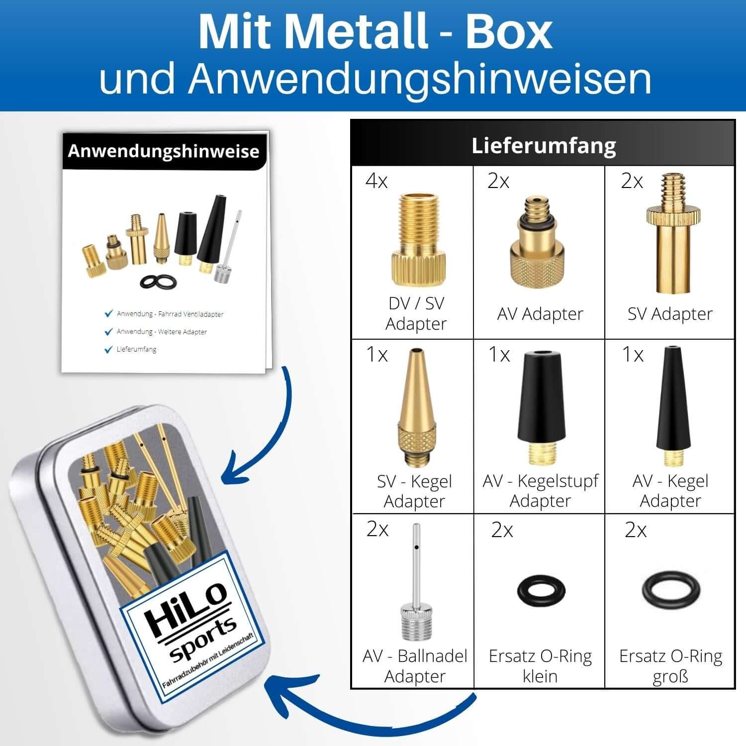 Zusätzlich zu den Ventiladaptern erhältst du eine Anleitung und eine Metall Box.