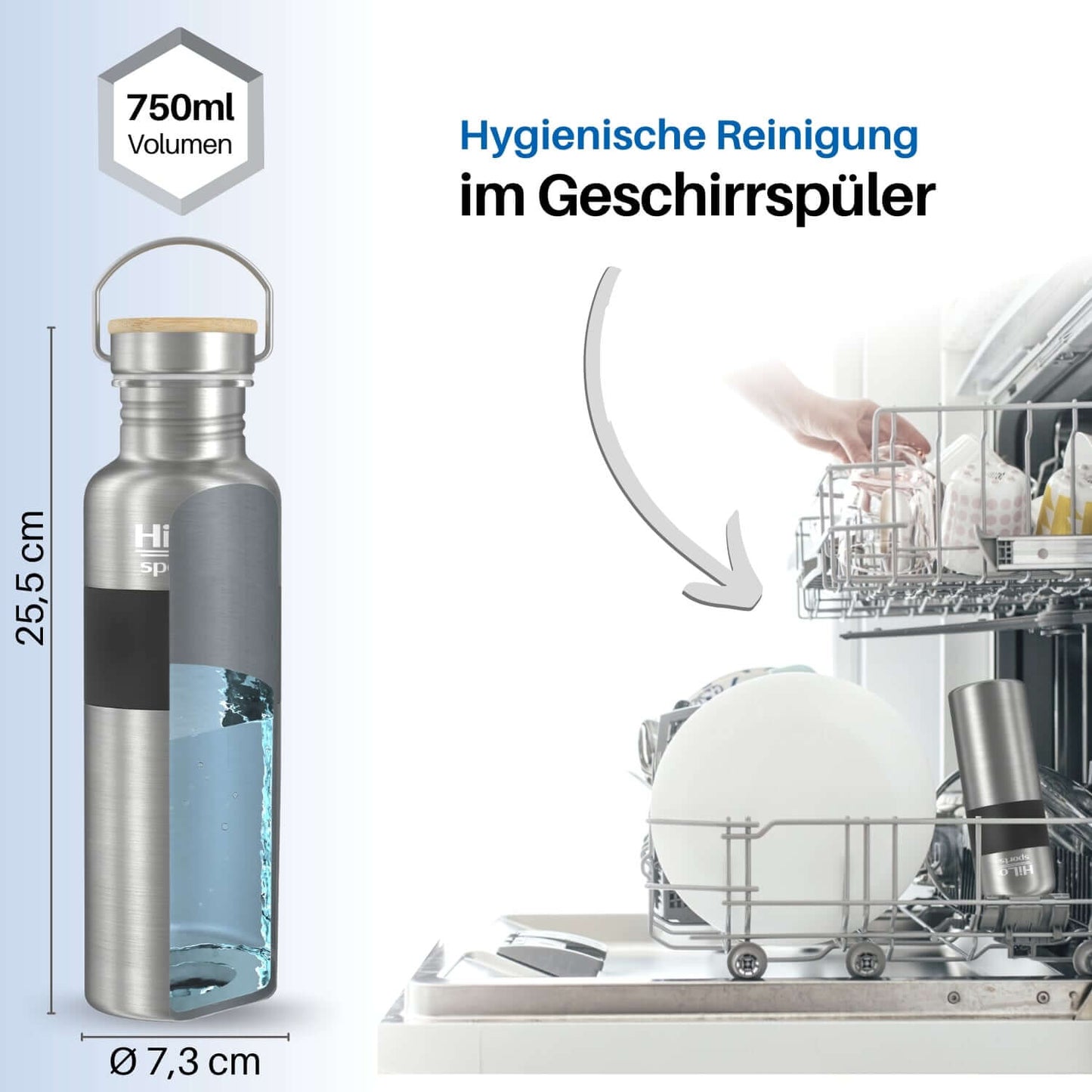 Die Edelstahl Fahrrad Flasche kann hygienisch im Geschirrspüler gereinigt werden.