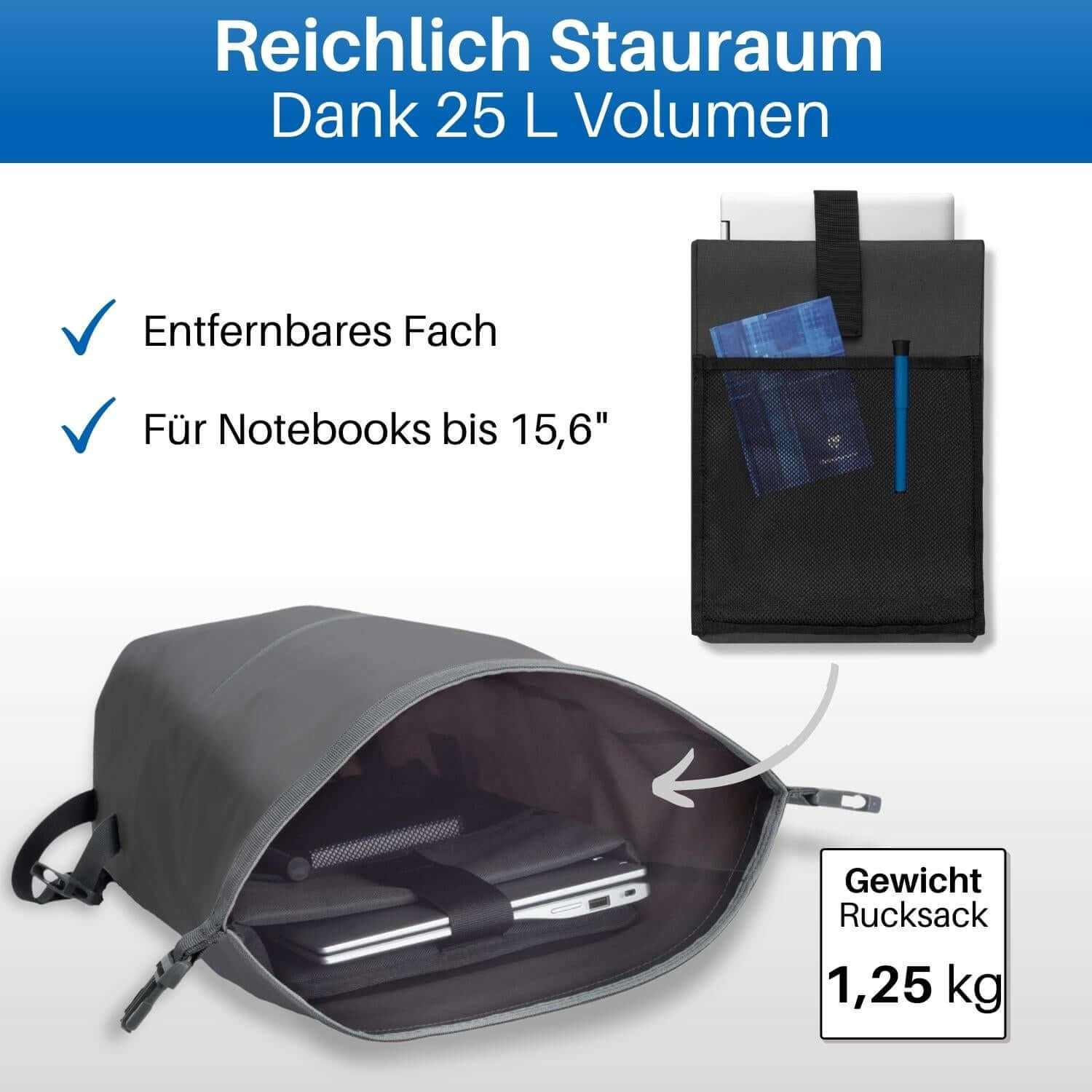 Im Fahrrad Rucksack befindet sich ein herausnehmbares Laptopfach. Es hat Platz für einen Laptop bis 15,6 Zoll.