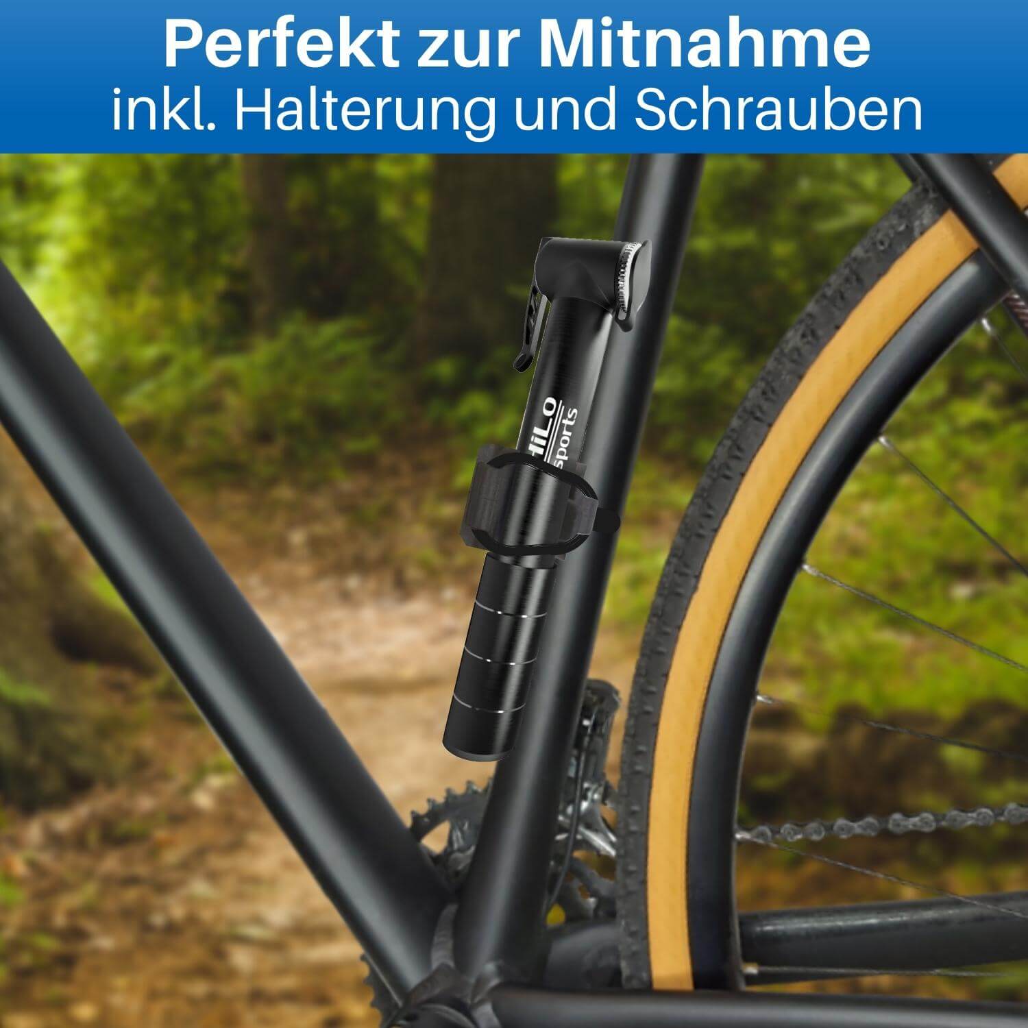 Die Luftpumpe für die Hand wird mit einer Rahmenhalterung geliefert. Damit kannst du die Pumpe bequem am Fahrrad transportieren.