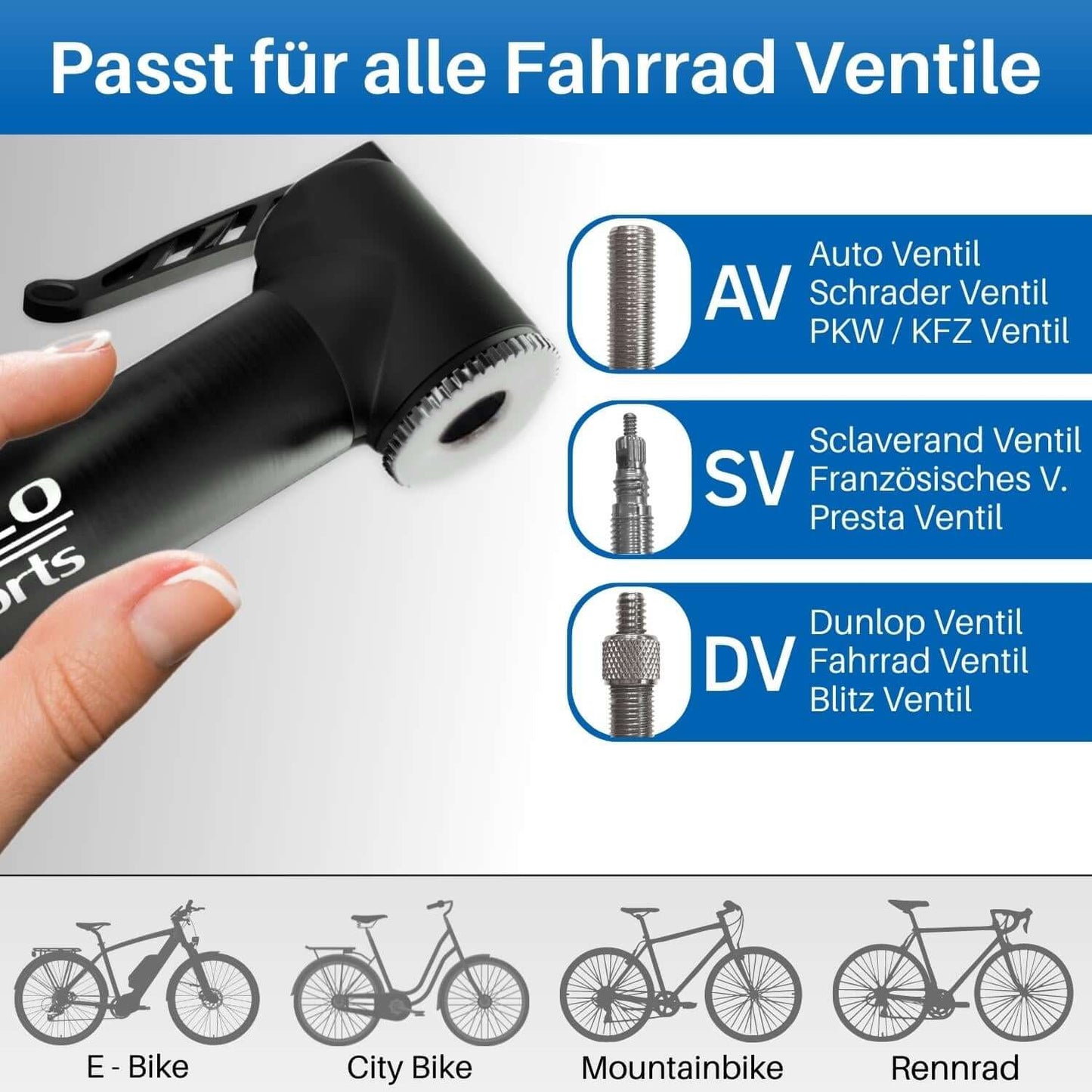 Mit der Fahrrad Minipumpe können alle Ventilarten aufgepumpt werden. Es können sowohl SV, DV, als auch AV Ventile mit der MTB und Rennrad Minipumpe gepumpt werden.