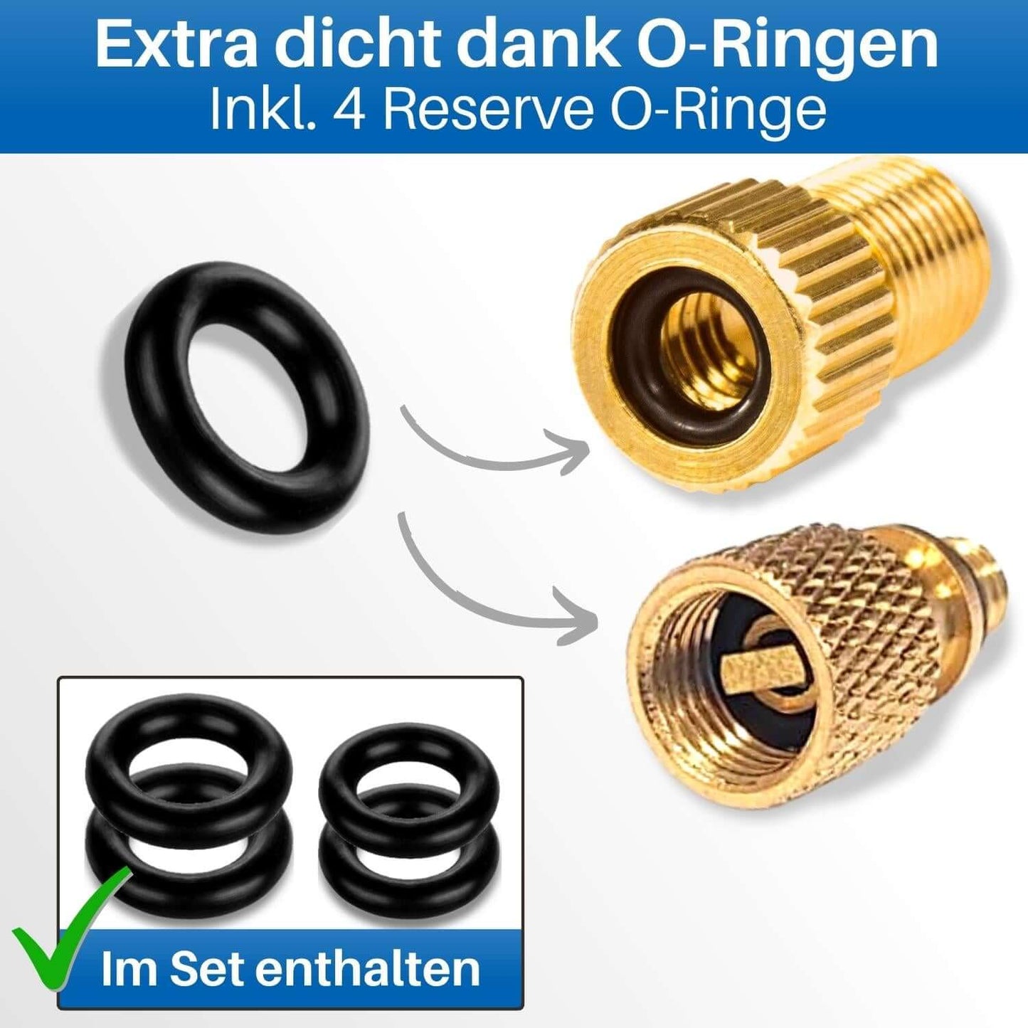 Die Fahrrad Ventiladapter halten dicht, durch O-Ringe.