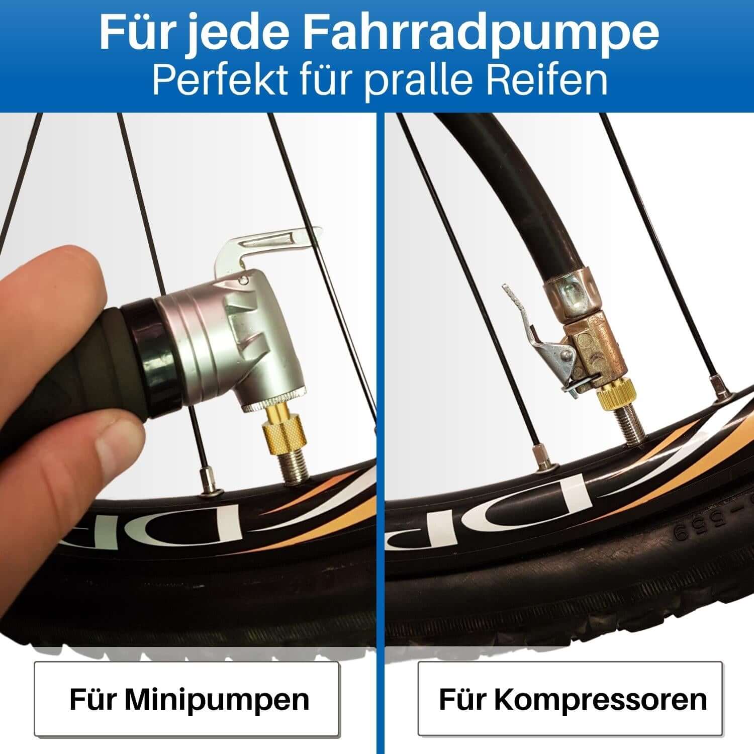 Du kannst die Fahrrad Adapter mit allen Luftpumpen aufpumpen.