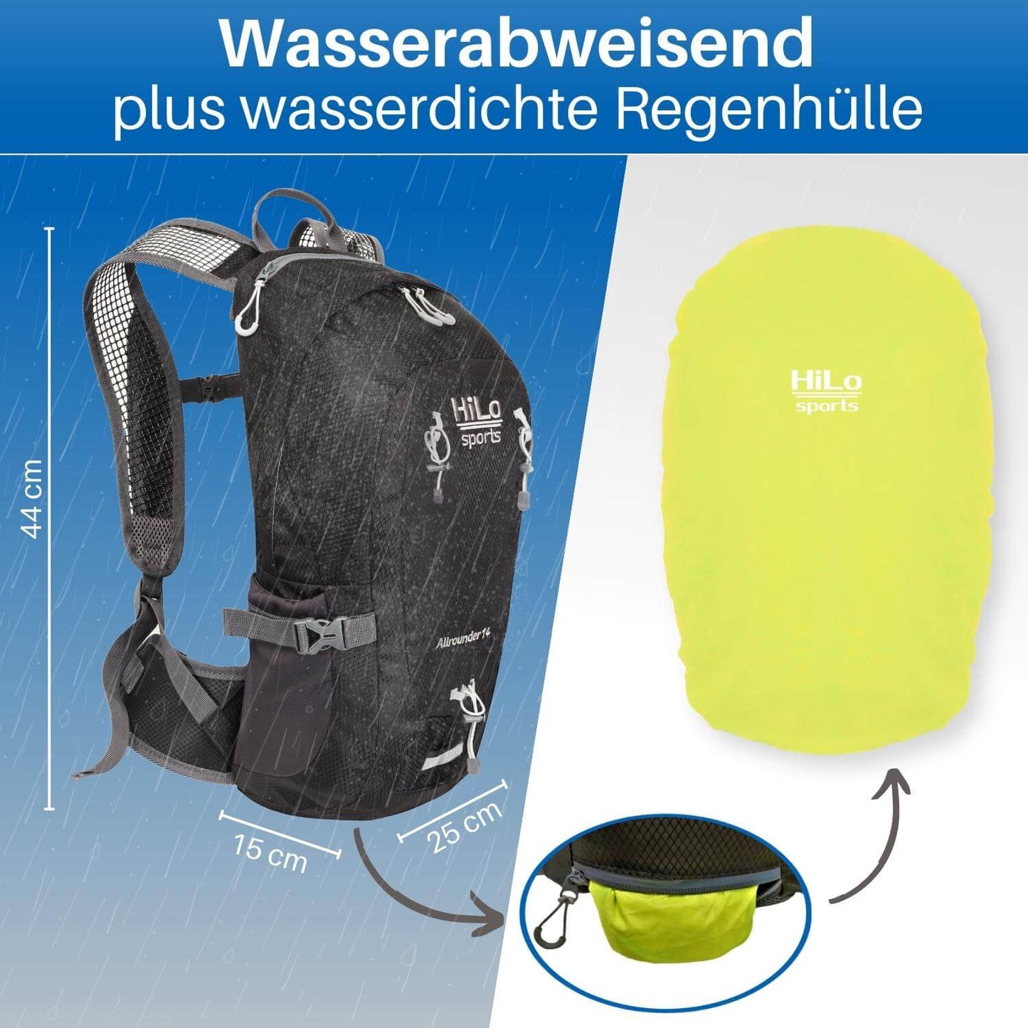 Der MTB Fahrrad Rucksack besteht aus wasserabweisendem, beschichtetem Material.